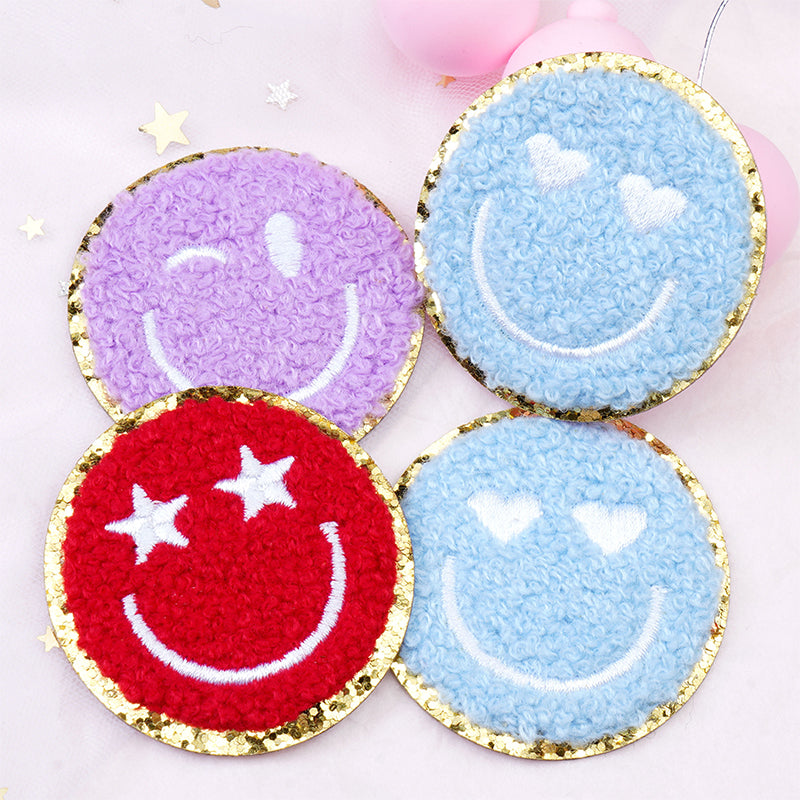 ZHAOSHUN Self-adhesive three smiley faces Cartoon towel embroidered smiling face clothing bow patch gold border Chenille embroidery patch