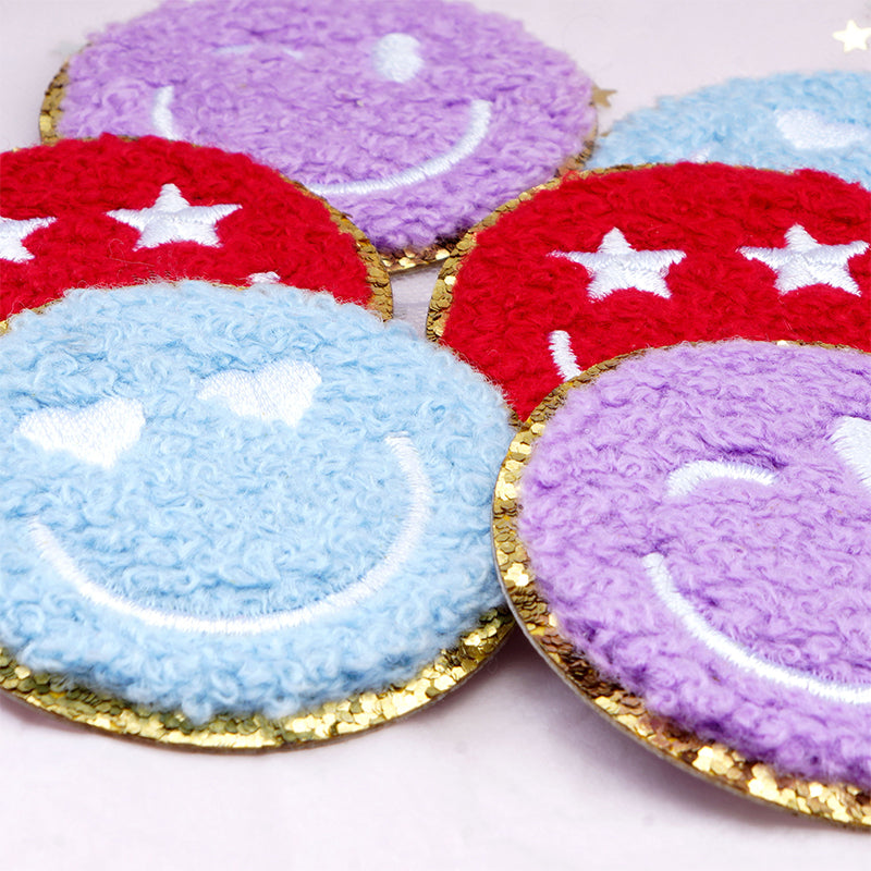 ZHAOSHUN Self-adhesive three smiley faces Cartoon towel embroidered smiling face clothing bow patch gold border Chenille embroidery patch