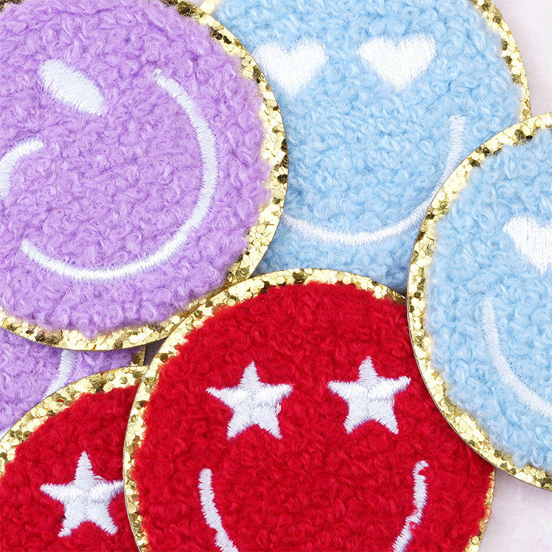 ZHAOSHUN Self-adhesive three smiley faces Cartoon towel embroidered smiling face clothing bow patch gold border Chenille embroidery patch