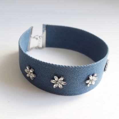 CHUANYANG  Chokers  Fabric wide edge gemstone rhinestone headband, denim blue hair band, retro pressed hair, high-end feel hair clip