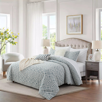 Smartex 5pc Washed Denim Look Geometric Cotton Jacquard Bedding Set - Comforter Set With Cushions – Denim Blue(Price please ask customer service)Simple style Solid color